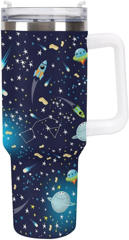 Space Constellation 304 Stainless Steel Double Wall Insulated Tumbler with Leakproof Slide Lid and Straw Large Capacity Travel Mug Black-Space Constellation