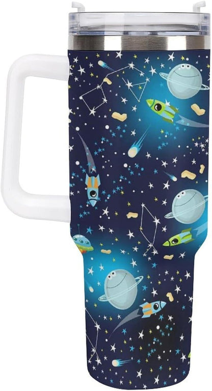 Space Constellation 304 Stainless Steel Double Wall Insulated Tumbler with Leakproof Slide Lid and Straw Large Capacity Travel Mug Black-Space Constellation