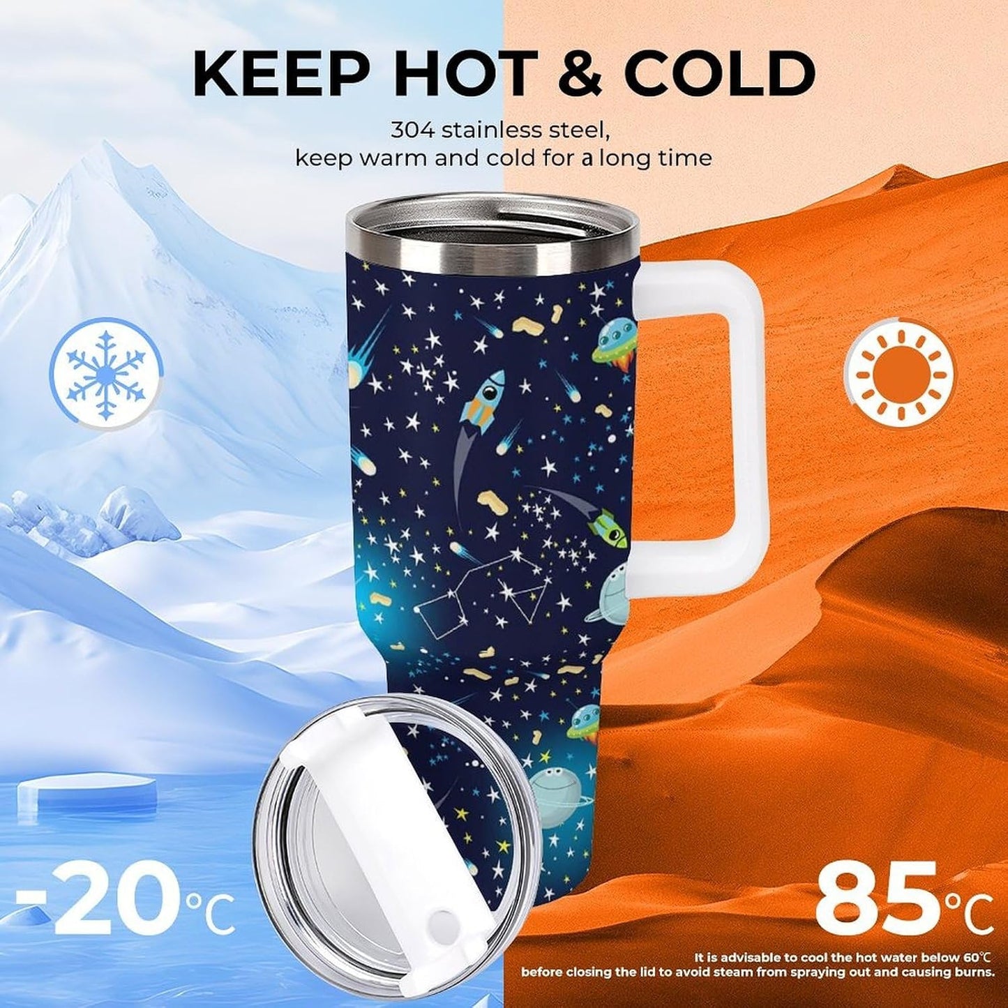 Space Constellation 304 Stainless Steel Double Wall Insulated Tumbler with Leakproof Slide Lid and Straw Large Capacity Travel Mug Black-Space Constellation