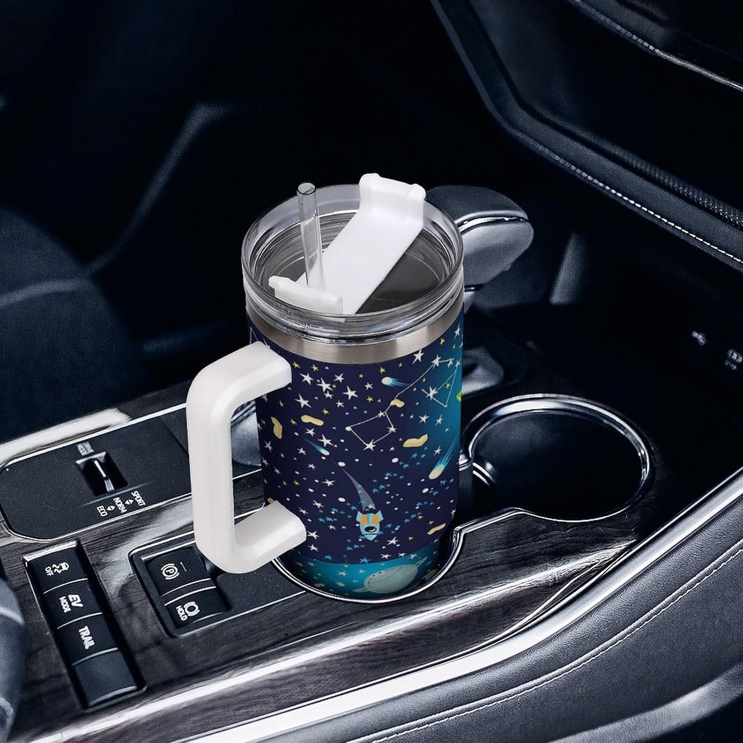 Space Constellation 304 Stainless Steel Double Wall Insulated Tumbler with Leakproof Slide Lid and Straw Large Capacity Travel Mug Black-Space Constellation