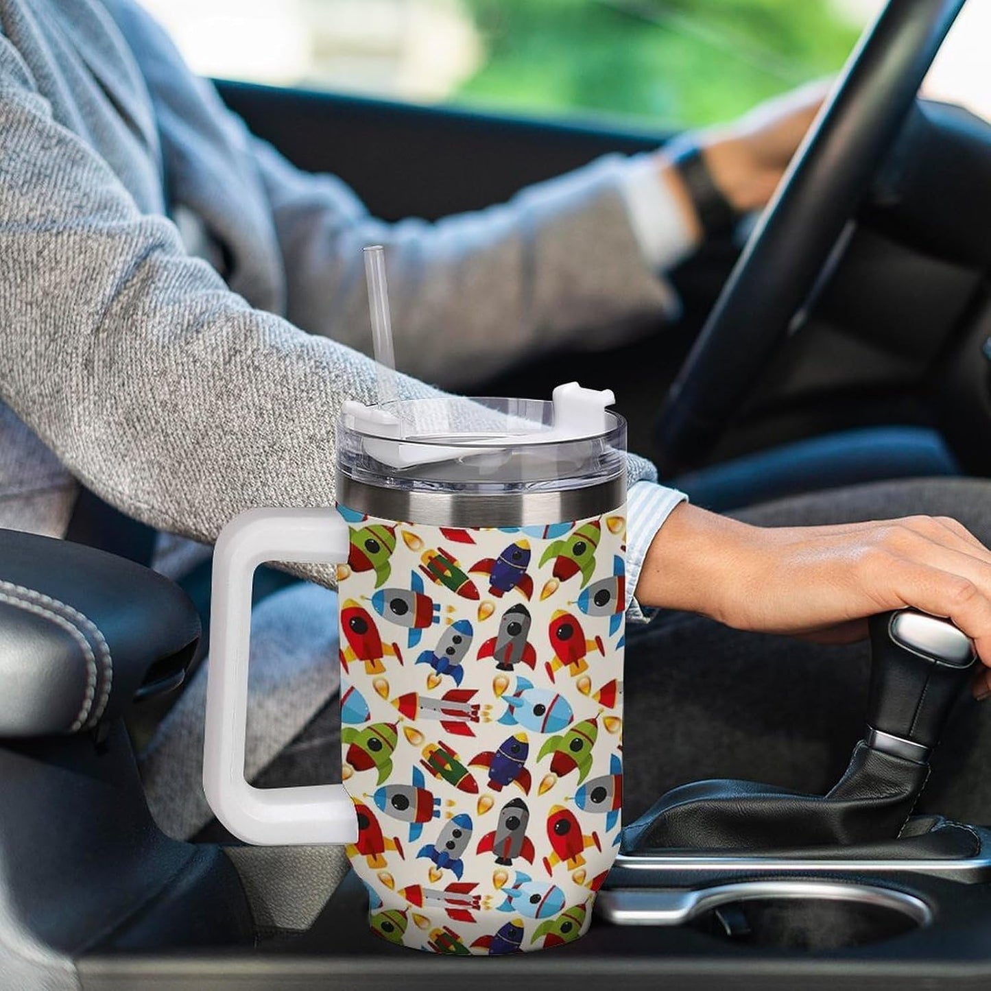 Space Constellation 304 Stainless Steel Double Wall Insulated Tumbler with Leakproof Slide Lid and Straw Large Capacity Travel Mug Black-Space Constellation