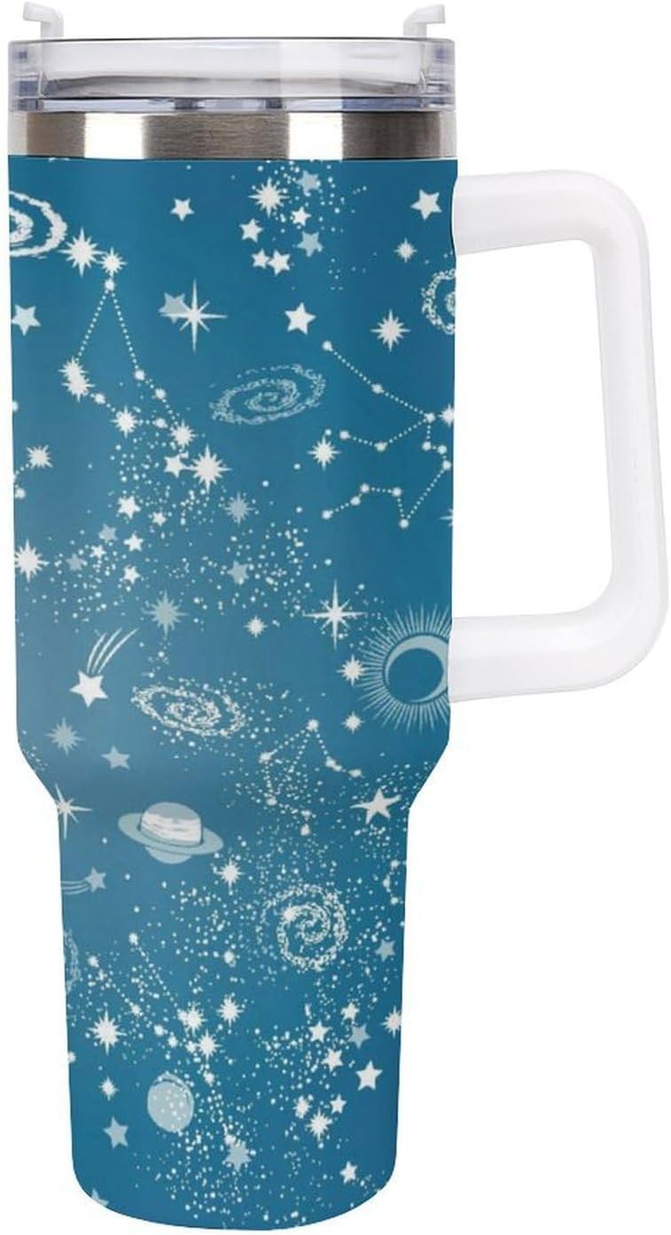 Space Constellation 304 Stainless Steel Double Wall Insulated Tumbler with Leakproof Slide Lid and Straw Large Capacity Travel Mug Black-Space Constellation