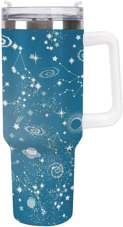 Space Constellation 304 Stainless Steel Double Wall Insulated Tumbler with Leakproof Slide Lid and Straw Large Capacity Travel Mug Black-Space Constellation