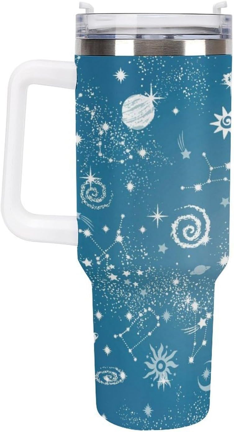 Space Constellation 304 Stainless Steel Double Wall Insulated Tumbler with Leakproof Slide Lid and Straw Large Capacity Travel Mug Black-Space Constellation