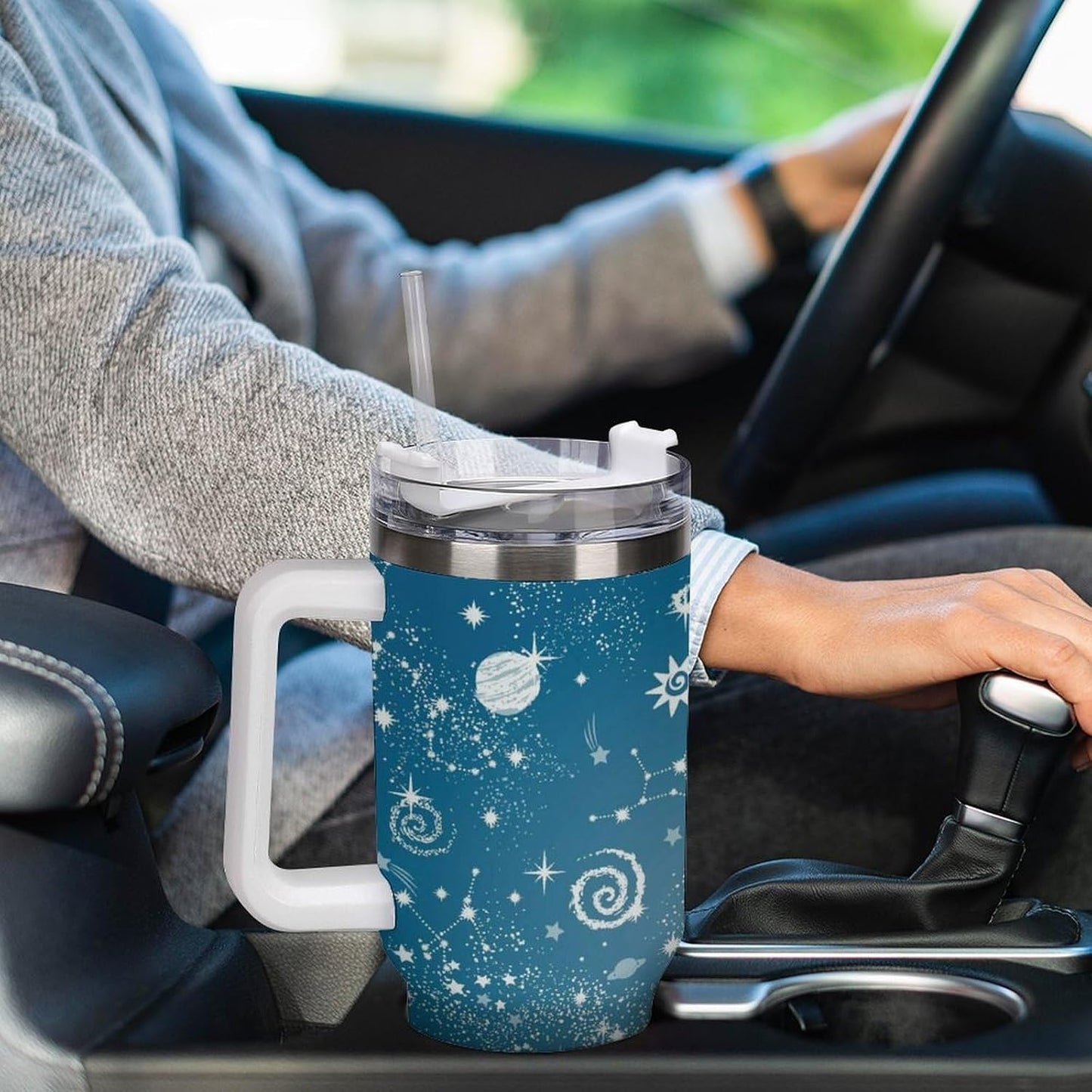 Space Constellation 304 Stainless Steel Double Wall Insulated Tumbler with Leakproof Slide Lid and Straw Large Capacity Travel Mug Black-Space Constellation