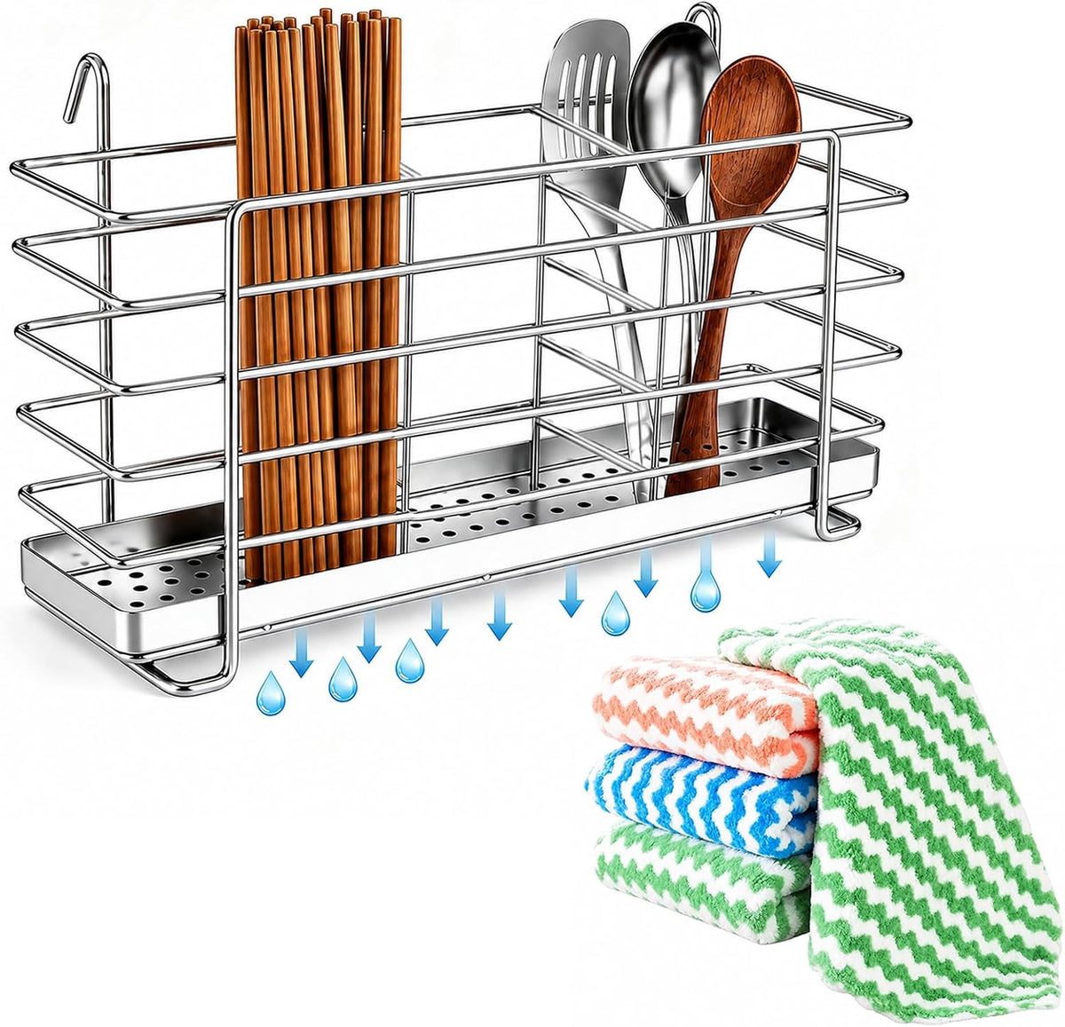 Kitchen Utensils Chopsticks Holder Drying Rack Basket with Hooks 2 Divided Compartments Quality Stainless Steel Large L5.4 X H4.3 X W2.6