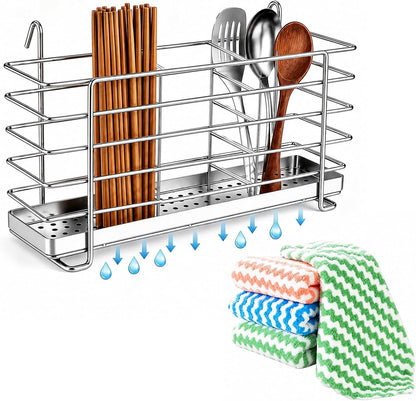Kitchen Utensils Chopsticks Holder Drying Rack Basket with Hooks 2 Divided Compartments Quality Stainless Steel Large L5.4 X H4.3 X W2.6