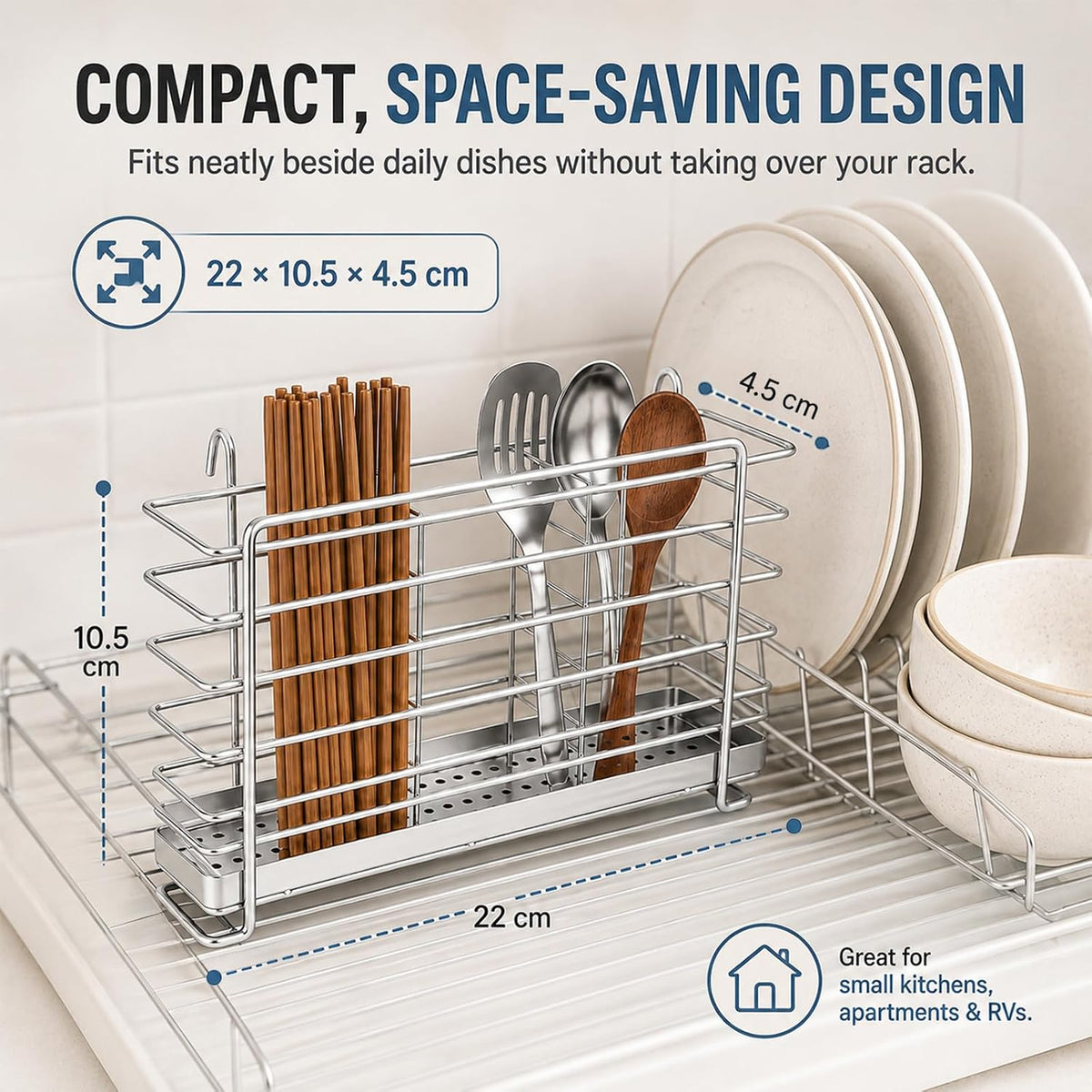 Kitchen Utensils Chopsticks Holder Drying Rack Basket with Hooks 2 Divided Compartments Quality Stainless Steel Large L5.4 X H4.3 X W2.6