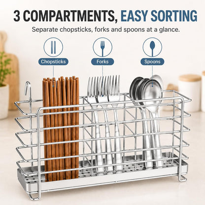 Kitchen Utensils Chopsticks Holder Drying Rack Basket with Hooks 2 Divided Compartments Quality Stainless Steel Large L5.4 X H4.3 X W2.6