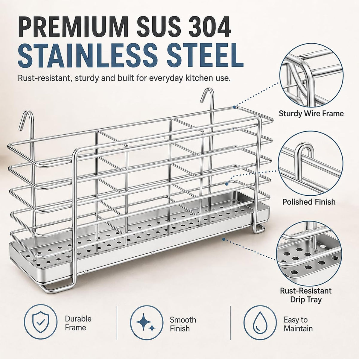 Kitchen Utensils Chopsticks Holder Drying Rack Basket with Hooks 2 Divided Compartments Quality Stainless Steel Large L5.4 X H4.3 X W2.6