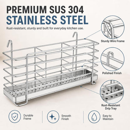 Kitchen Utensils Chopsticks Holder Drying Rack Basket with Hooks 2 Divided Compartments Quality Stainless Steel Large L5.4 X H4.3 X W2.6