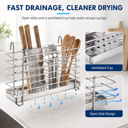 Kitchen Utensils Chopsticks Holder Drying Rack Basket with Hooks 2 Divided Compartments Quality Stainless Steel Large L5.4 X H4.3 X W2.6
