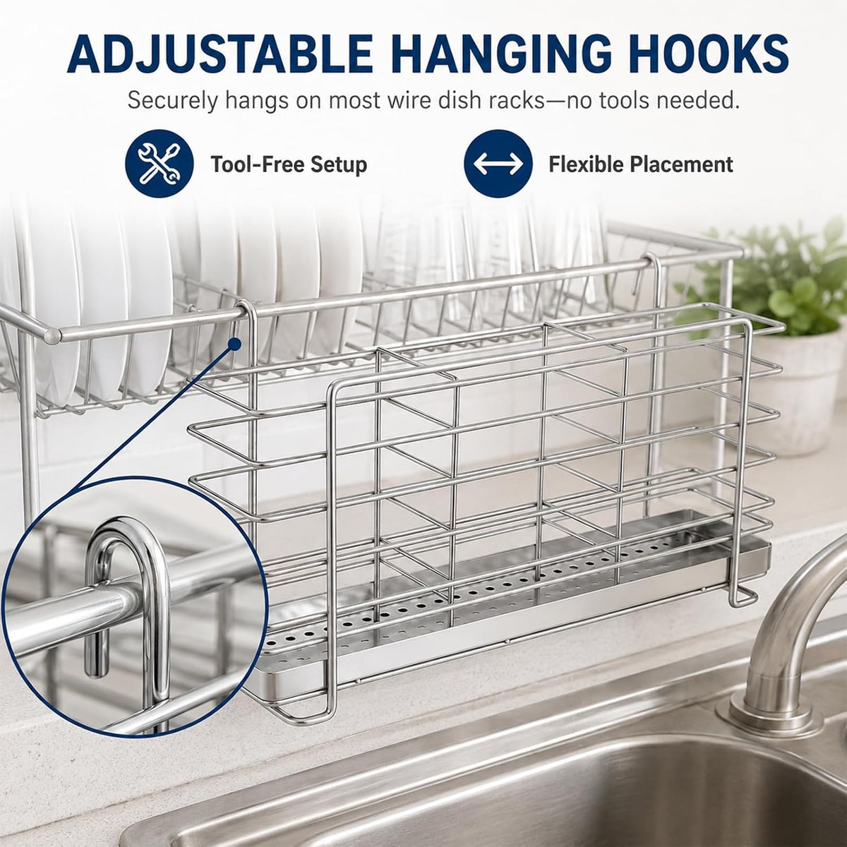 Kitchen Utensils Chopsticks Holder Drying Rack Basket with Hooks 2 Divided Compartments Quality Stainless Steel Large L5.4 X H4.3 X W2.6