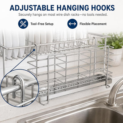 Kitchen Utensils Chopsticks Holder Drying Rack Basket with Hooks 2 Divided Compartments Quality Stainless Steel Large L5.4 X H4.3 X W2.6
