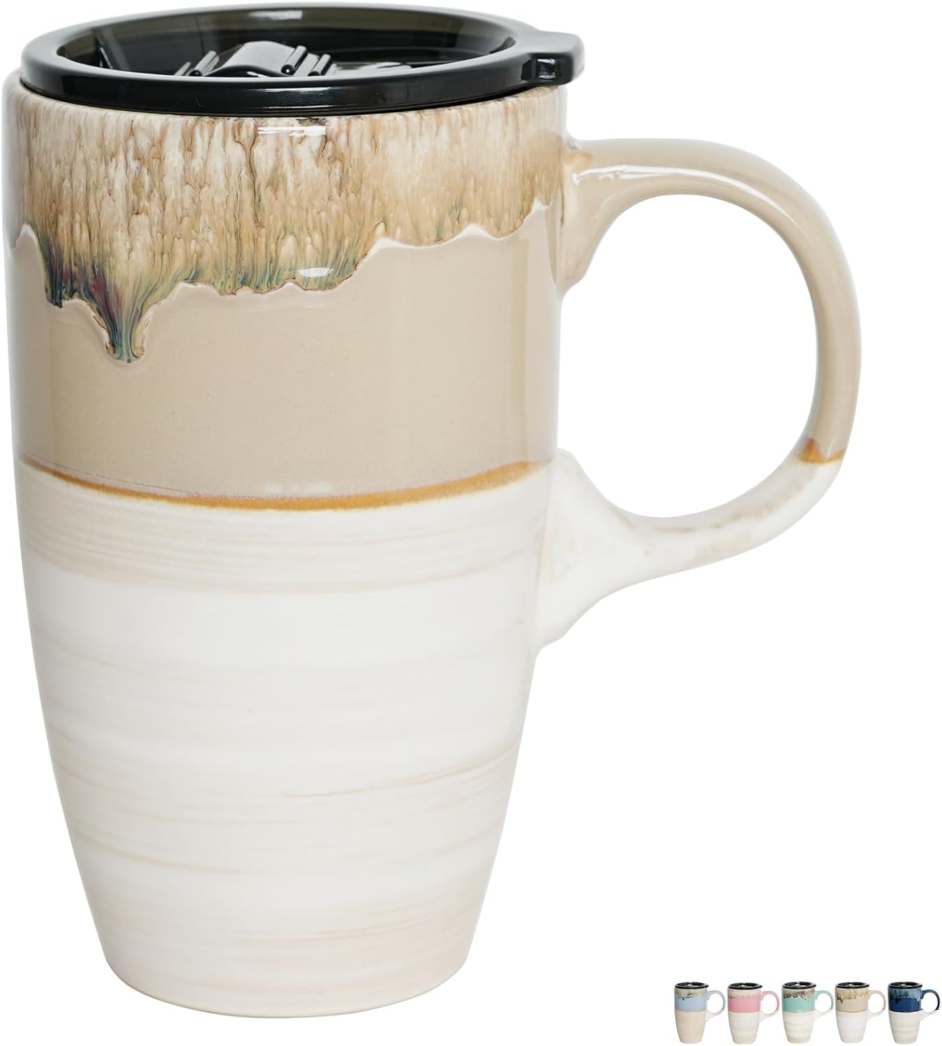 Ceramic Travel Coffeel Mug with Handle and Lid, 18 oz, Portable Coffee Cup for Car Cup Holder, Microwave and Dishwasher Safe, Reactive Glaze (Deep Blue)