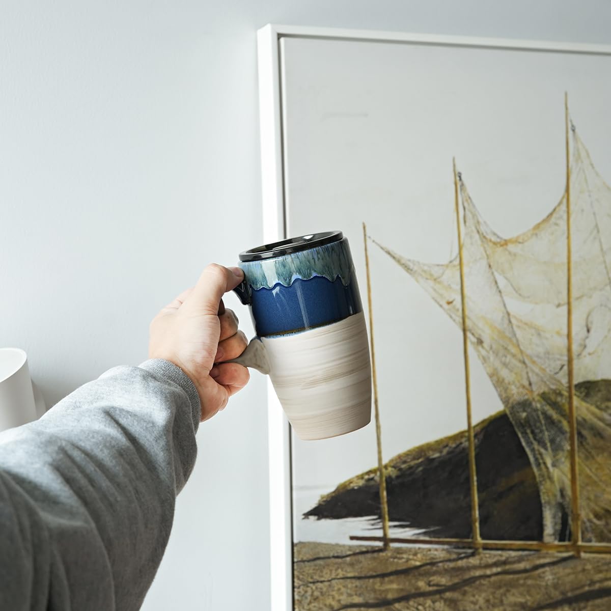 Ceramic Travel Coffeel Mug with Handle and Lid, 18 oz, Portable Coffee Cup for Car Cup Holder, Microwave and Dishwasher Safe, Reactive Glaze (Deep Blue)