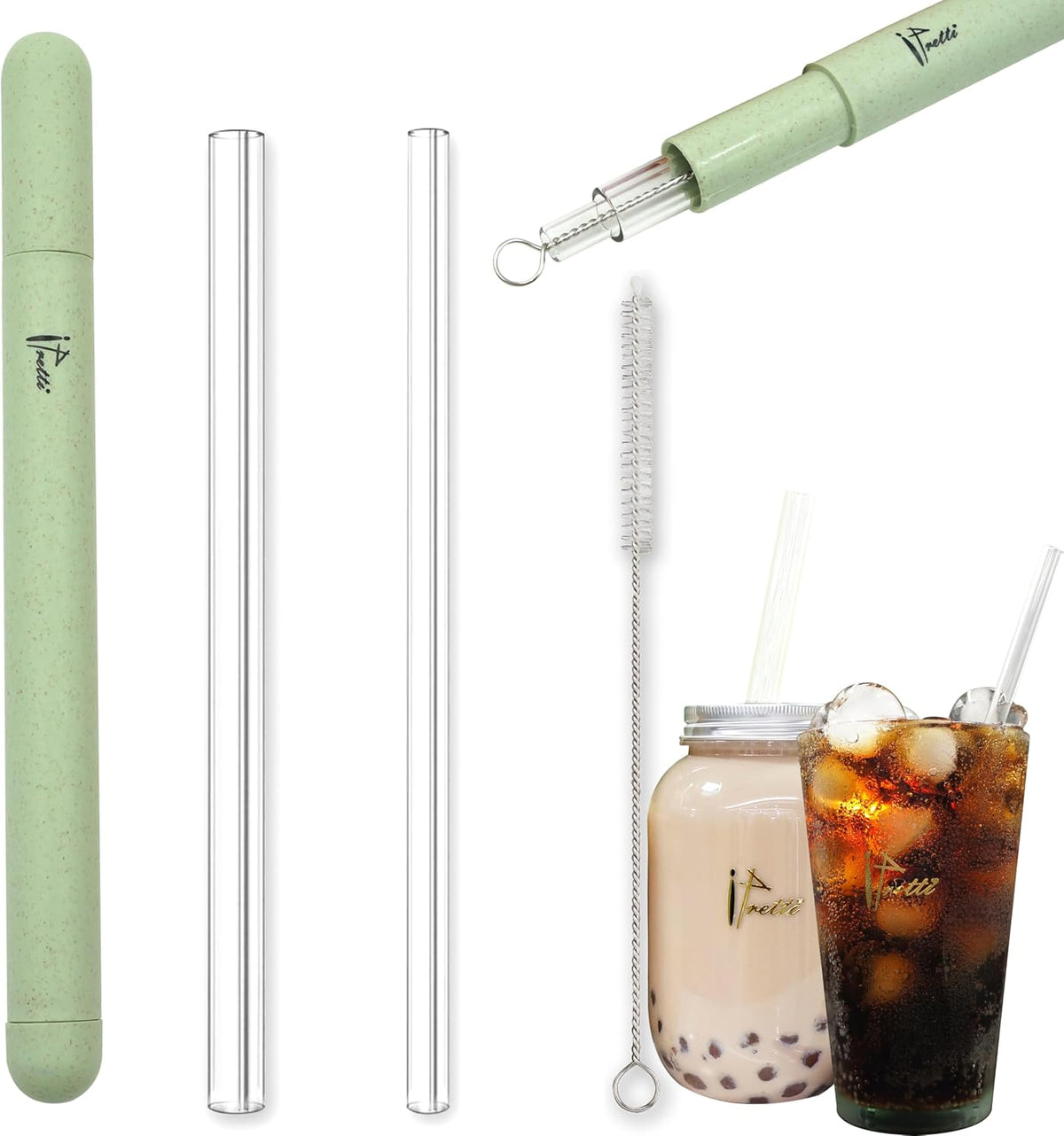Reusable Glass Drinking Boba Straws with Brush set&Portable Case