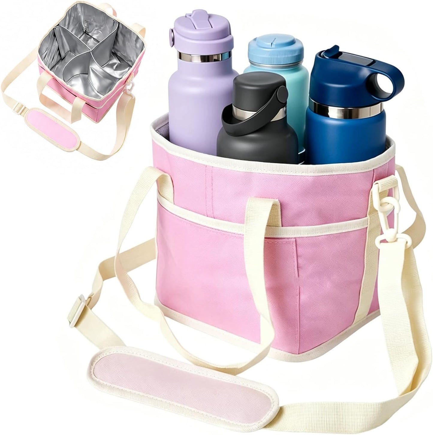 4 Cups Drink Carrier Bag,Family-Size Multiple Drink Holder Bag | with Adjustable Strap & Front Pocket,Spill-Resistant for Car Storage,Coffee Delivery,Travel & Outings (Pink)