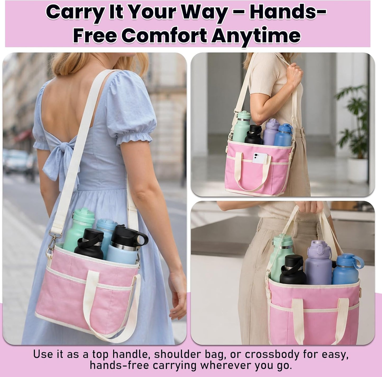 4 Cups Drink Carrier Bag,Family-Size Multiple Drink Holder Bag | with Adjustable Strap & Front Pocket,Spill-Resistant for Car Storage,Coffee Delivery,Travel & Outings (Pink)