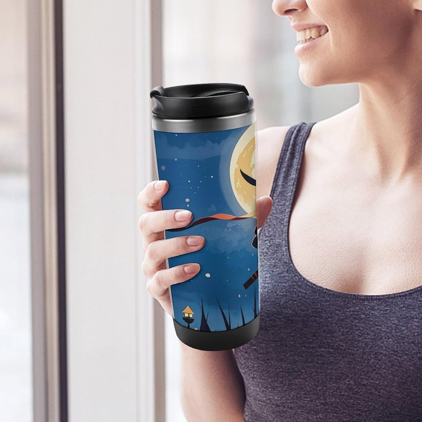 15oz Vacuum Insulated Stainless Steel Tumbler with Leakproof Lid Moonlight Watercolor Style Ninja 304 Stainless Steel Travel Mug Wide Mouth Coffee Cup for Hot & Cold Drinks (380ml)