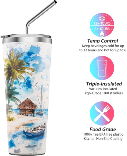 Stainless Steel Vacuum Insulated Tumbler Travel Mug 26 oz Coffee Cup with 2 Lids and Straws, Splash Proof, Keep Ice Drinks Cold, Sea Turtle