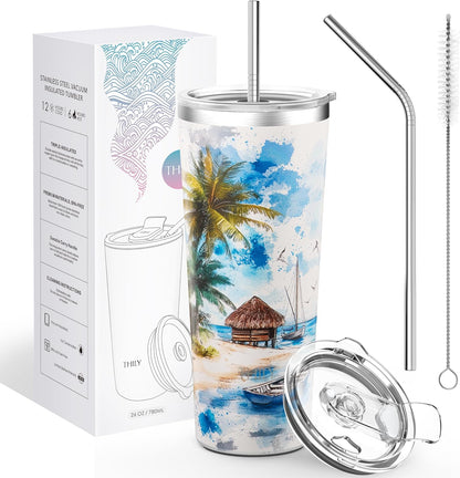 Stainless Steel Vacuum Insulated Tumbler Travel Mug 26 oz Coffee Cup with 2 Lids and Straws, Splash Proof, Keep Ice Drinks Cold, Sea Turtle
