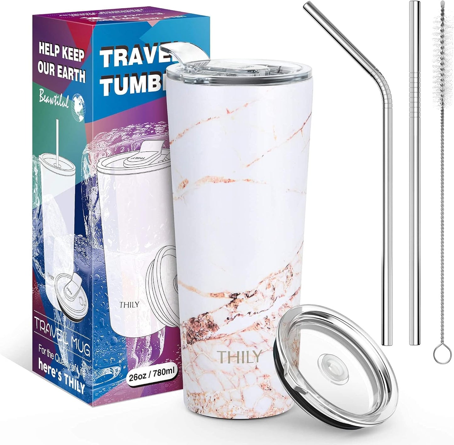 Stainless Steel Vacuum Insulated Tumbler Travel Mug 26 oz Coffee Cup with 2 Lids and Straws, Splash Proof, Keep Ice Drinks Cold, Sea Turtle