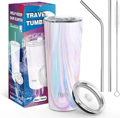 Stainless Steel Vacuum Insulated Tumbler Travel Mug 26 oz Coffee Cup with 2 Lids and Straws, Splash Proof, Keep Ice Drinks Cold, Sea Turtle