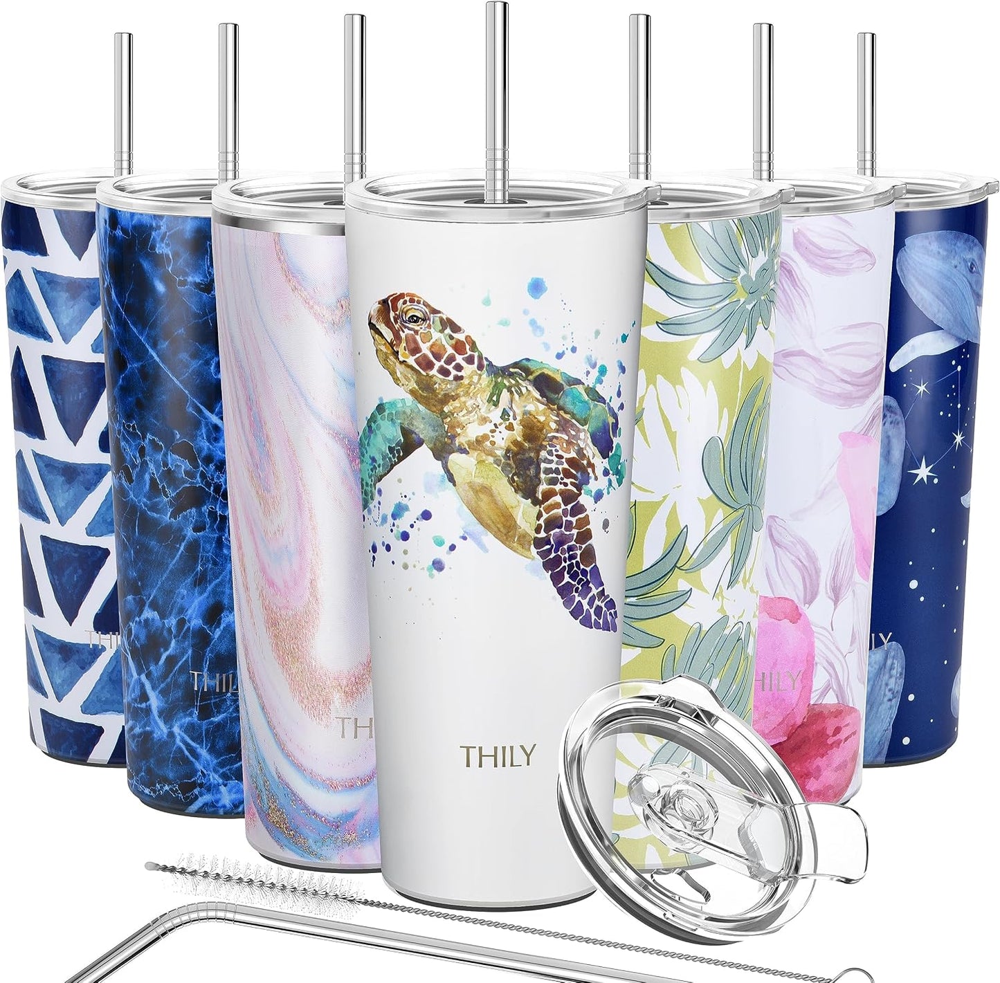 Stainless Steel Vacuum Insulated Tumbler Travel Mug 26 oz Coffee Cup with 2 Lids and Straws, Splash Proof, Keep Ice Drinks Cold, Sea Turtle