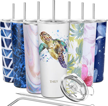 Stainless Steel Vacuum Insulated Tumbler Travel Mug 26 oz Coffee Cup with 2 Lids and Straws, Splash Proof, Keep Ice Drinks Cold, Sea Turtle