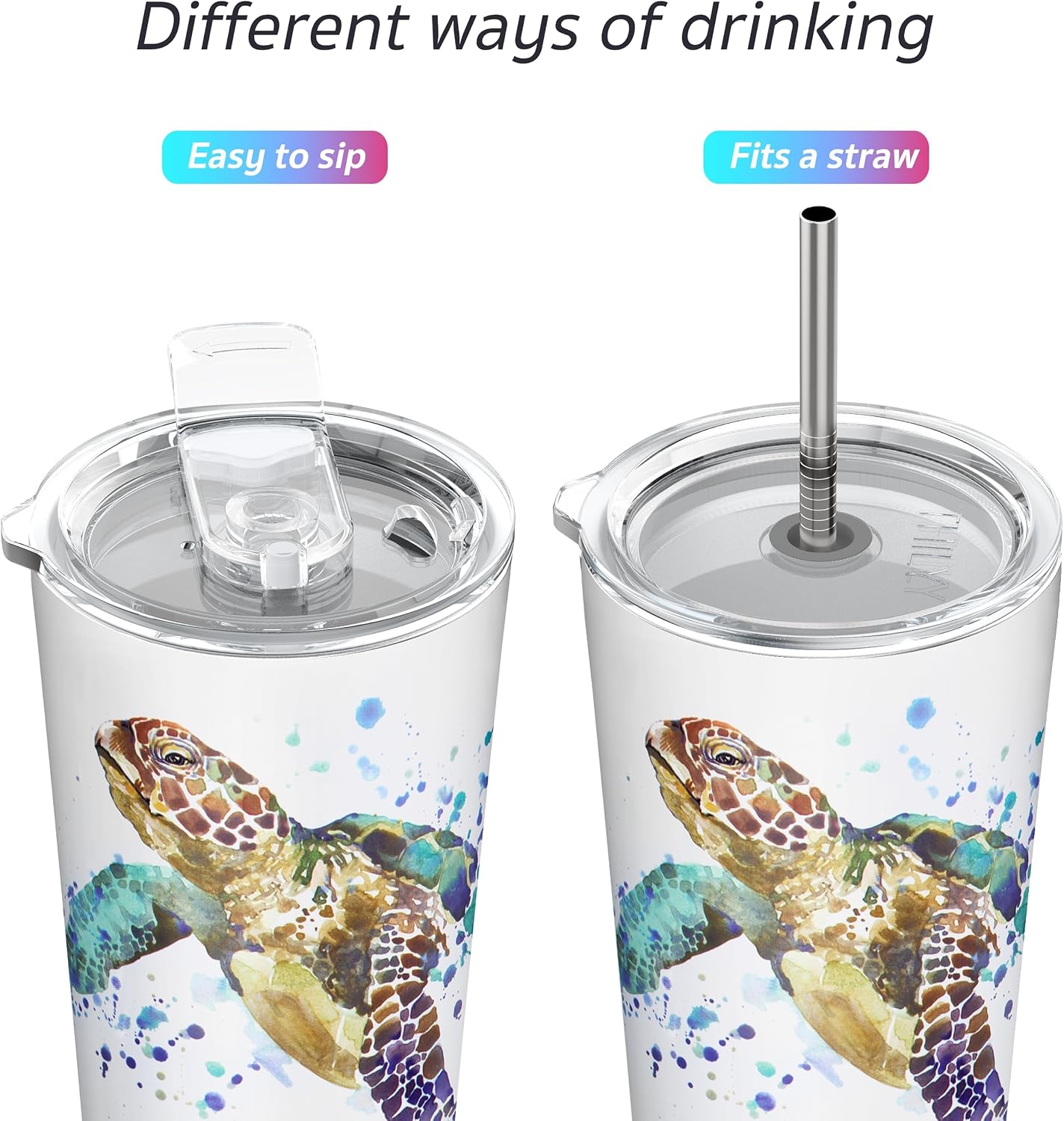 Stainless Steel Vacuum Insulated Tumbler Travel Mug 26 oz Coffee Cup with 2 Lids and Straws, Splash Proof, Keep Ice Drinks Cold, Sea Turtle