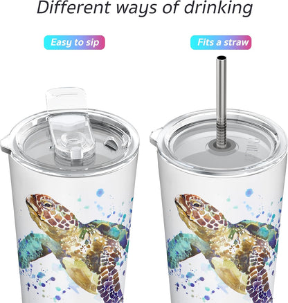Stainless Steel Vacuum Insulated Tumbler Travel Mug 26 oz Coffee Cup with 2 Lids and Straws, Splash Proof, Keep Ice Drinks Cold, Sea Turtle