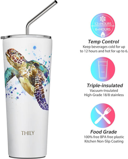 Stainless Steel Vacuum Insulated Tumbler Travel Mug 26 oz Coffee Cup with 2 Lids and Straws, Splash Proof, Keep Ice Drinks Cold, Sea Turtle