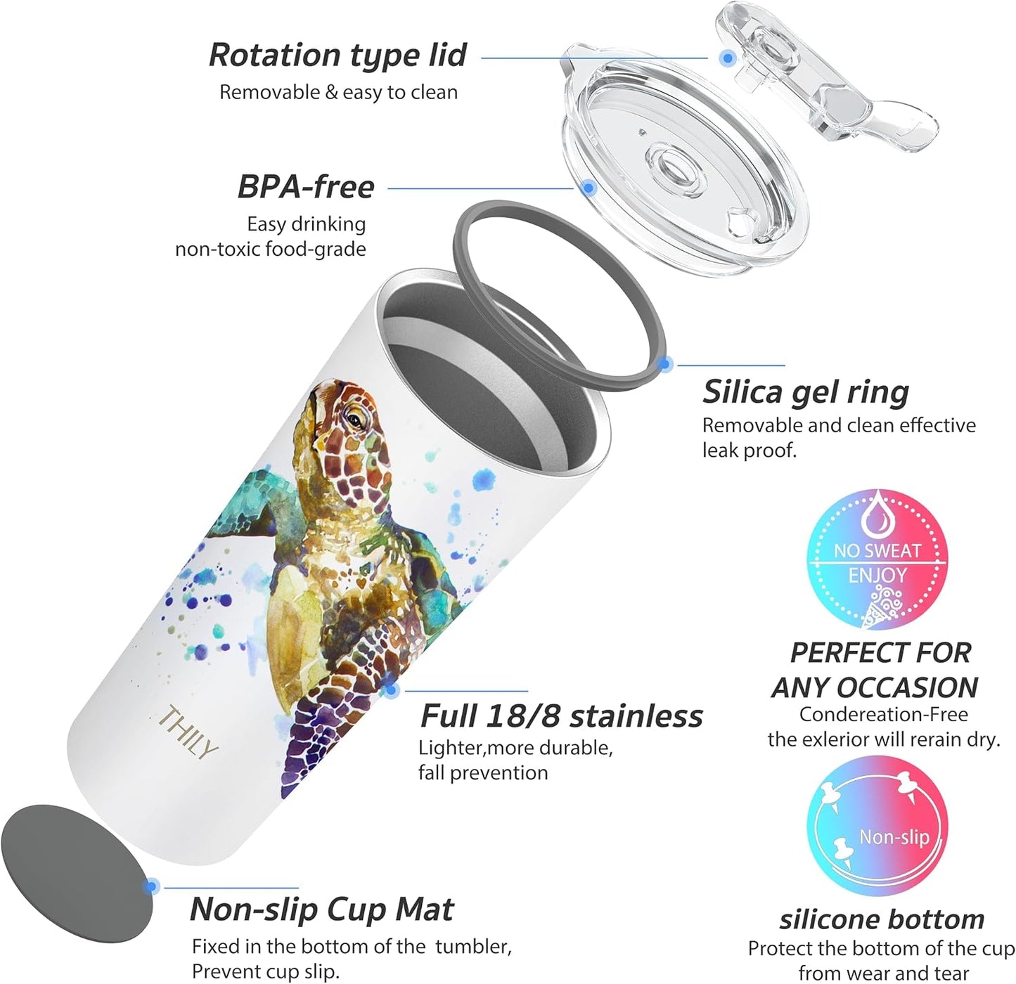Stainless Steel Vacuum Insulated Tumbler Travel Mug 26 oz Coffee Cup with 2 Lids and Straws, Splash Proof, Keep Ice Drinks Cold, Sea Turtle