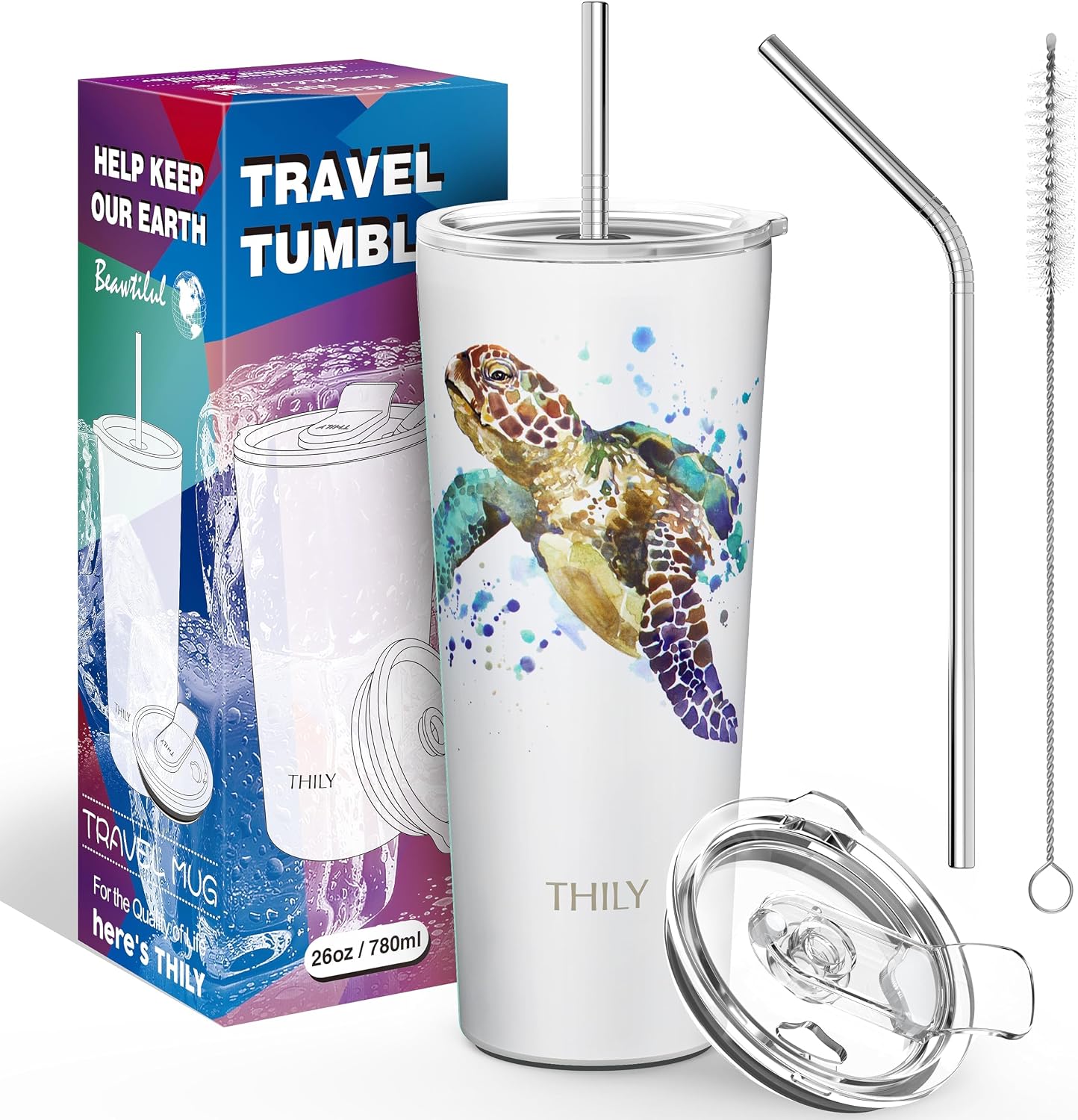Stainless Steel Vacuum Insulated Tumbler Travel Mug 26 oz Coffee Cup with 2 Lids and Straws, Splash Proof, Keep Ice Drinks Cold, Sea Turtle