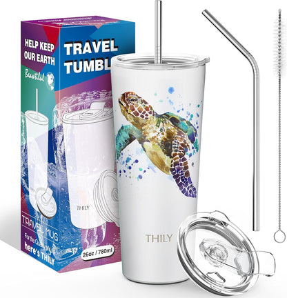 Stainless Steel Vacuum Insulated Tumbler Travel Mug 26 oz Coffee Cup with 2 Lids and Straws, Splash Proof, Keep Ice Drinks Cold, Sea Turtle