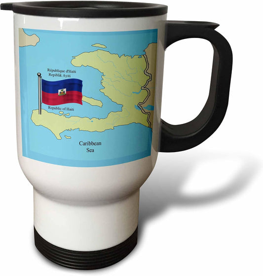 " Flag and Map of Haiti with Republic of Haiti Printed in English French and Haitian Creole Stainless Steel" Travel Mug, 14 oz, Multicolor