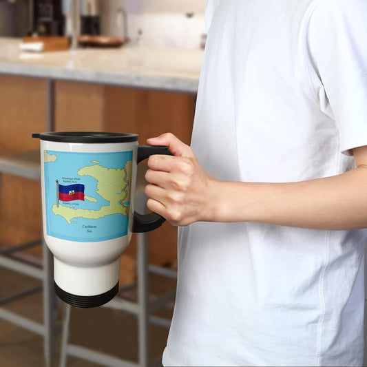 " Flag and Map of Haiti with Republic of Haiti Printed in English French and Haitian Creole Stainless Steel" Travel Mug, 14 oz, Multicolor