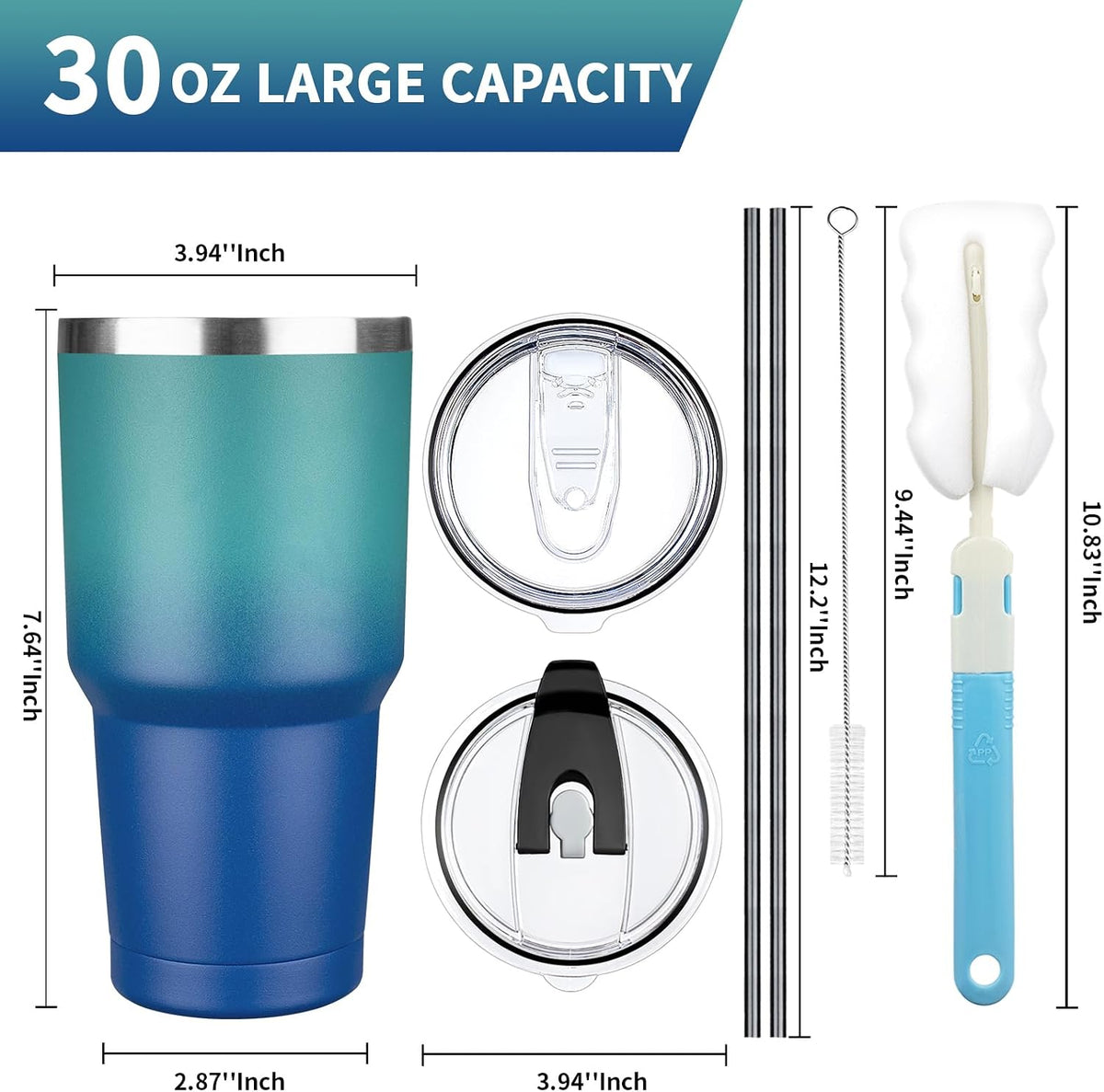 20 oz Tumbler with Lids and Straws, Stainless Steel Insulated Coffee Tumbler, Double Wall Vacuum Insulated Travel Mug Cup, Leakproof Thermal Coffee Cup for Hot and Cold Drinks (azure blue)