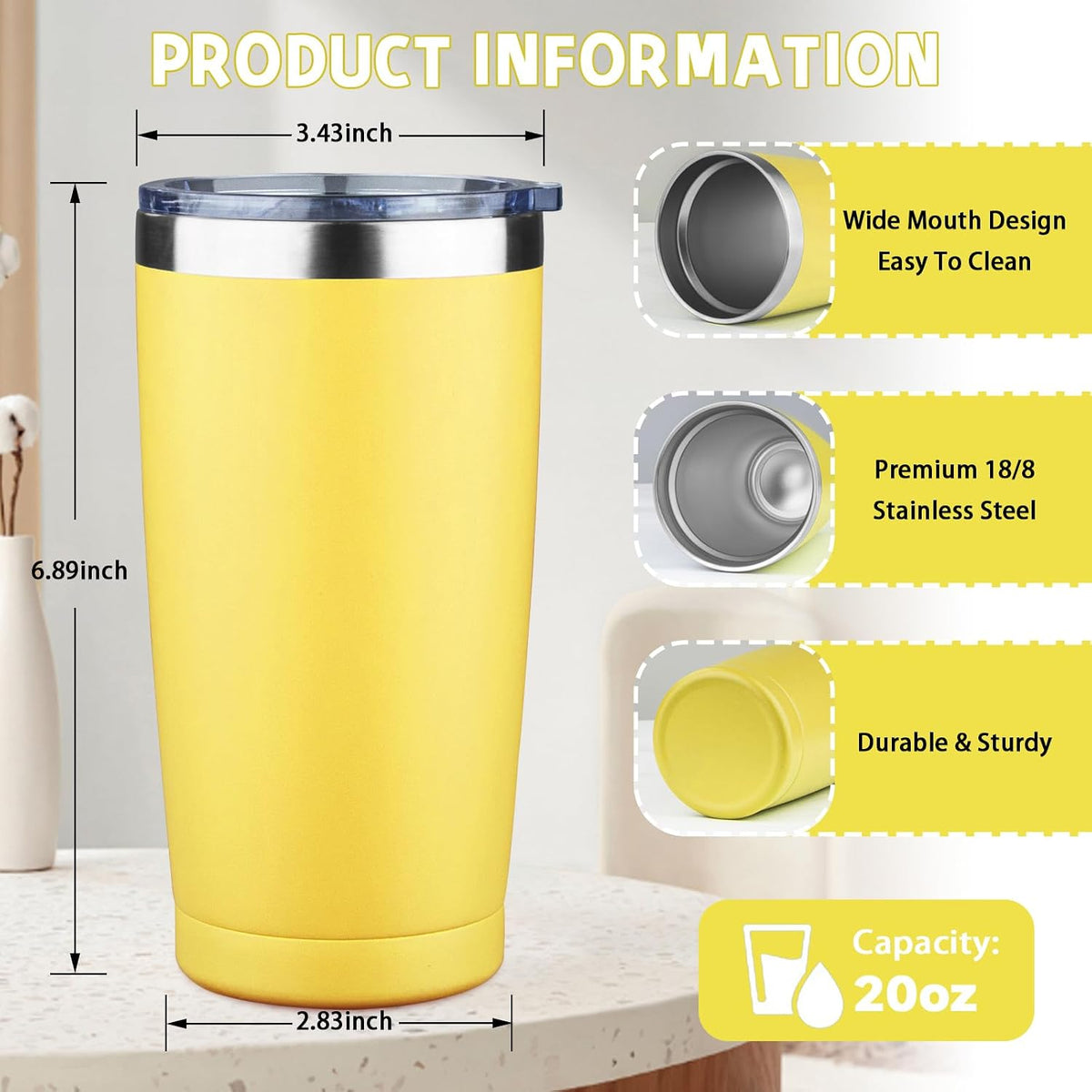 20 oz Tumbler with Lids and Straws, Stainless Steel Insulated Coffee Tumbler, Double Wall Vacuum Insulated Travel Mug Cup, Leakproof Thermal Coffee Cup for Hot and Cold Drinks (azure blue)