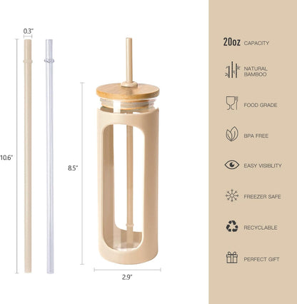 20oz Glass Water Tumbler with Straw and Lid, Bamboo Lids Water Bottle, Iced Coffee Cup Reusable, Wide Mouth Smoothie Cups with Protective Silicone Sleeve BPA FREE-Black - Colors B