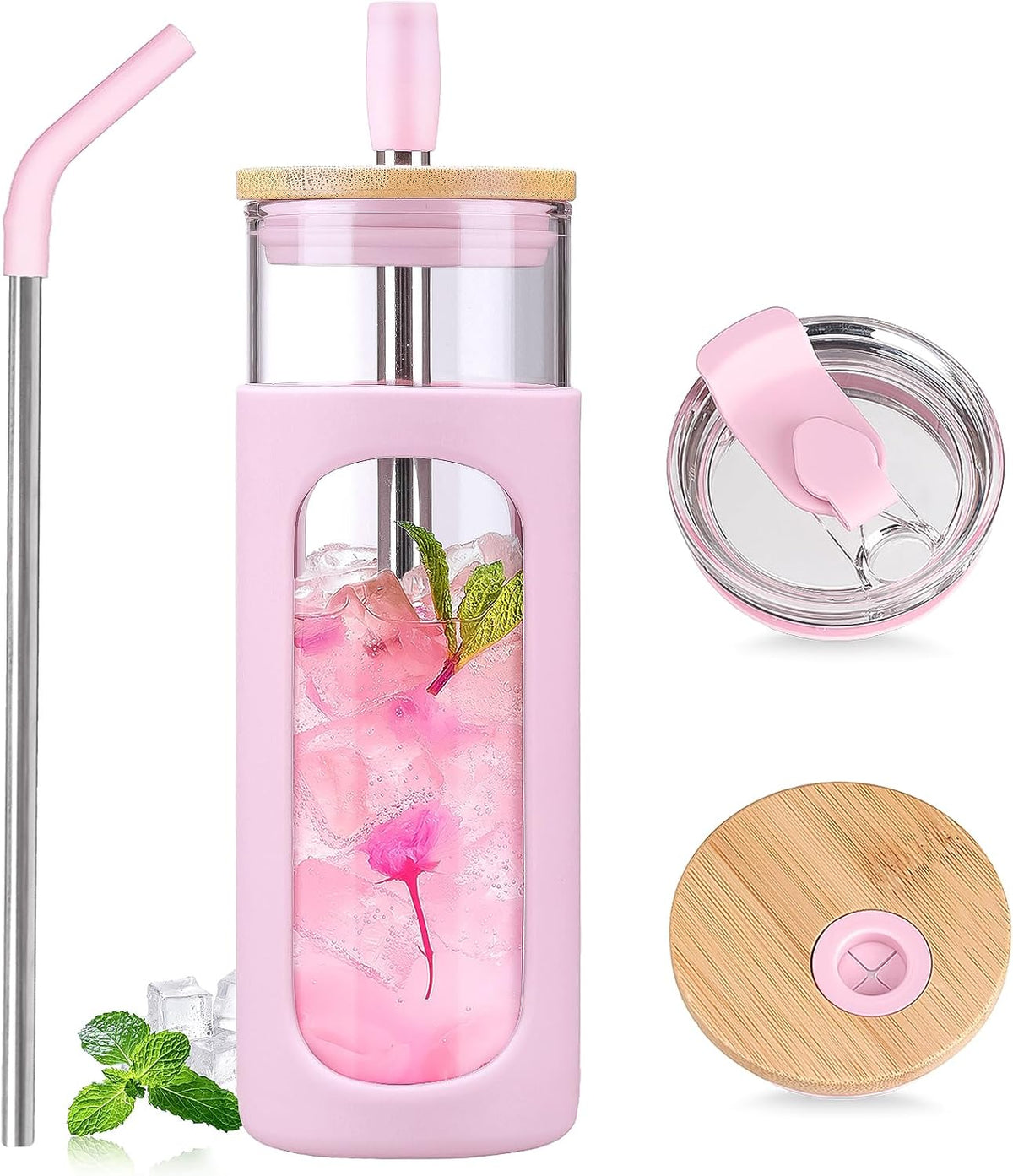 20oz Glass Water Tumbler with Straw and Lid, Bamboo Lids Water Bottle, Iced Coffee Cup Reusable, Wide Mouth Smoothie Cups with Protective Silicone Sleeve BPA FREE-Black - Colors B