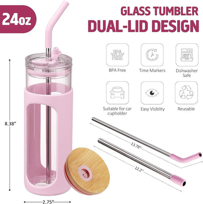 20oz Glass Water Tumbler with Straw and Lid, Bamboo Lids Water Bottle, Iced Coffee Cup Reusable, Wide Mouth Smoothie Cups with Protective Silicone Sleeve BPA FREE-Black - Colors B