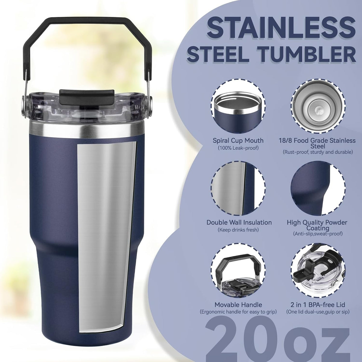 20oz Tumbler with Handle and Flip Straw Lid Double Wall Insulated Travel Coffee Mug Stainless Steel Vacuum Insulated Coffee Tumbler Cup for Hot and Cold Beverages Leak-proof&BPA-free (20oz,Navy blue)