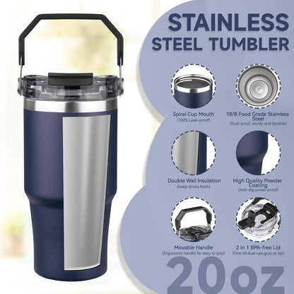 20oz Tumbler with Handle and Flip Straw Lid Double Wall Insulated Travel Coffee Mug Stainless Steel Vacuum Insulated Coffee Tumbler Cup for Hot and Cold Beverages Leak-proof&BPA-free (20oz,Navy blue)