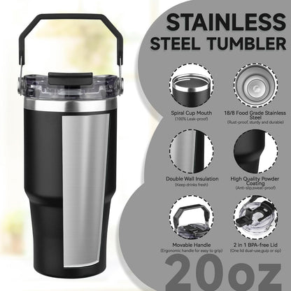 20oz Tumbler with Handle and Flip Straw Lid Double Wall Insulated Travel Coffee Mug Stainless Steel Vacuum Insulated Coffee Tumbler Cup for Hot and Cold Beverages Leak-proof&BPA-free (20oz,Navy blue)