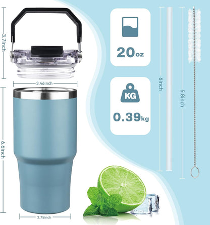 20oz Tumbler with Handle and Flip Straw Lid Double Wall Insulated Travel Coffee Mug Stainless Steel Vacuum Insulated Coffee Tumbler Cup for Hot and Cold Beverages Leak-proof&BPA-free (20oz,Navy blue)