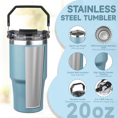20oz Tumbler with Handle and Flip Straw Lid Double Wall Insulated Travel Coffee Mug Stainless Steel Vacuum Insulated Coffee Tumbler Cup for Hot and Cold Beverages Leak-proof&BPA-free (20oz,Navy blue)