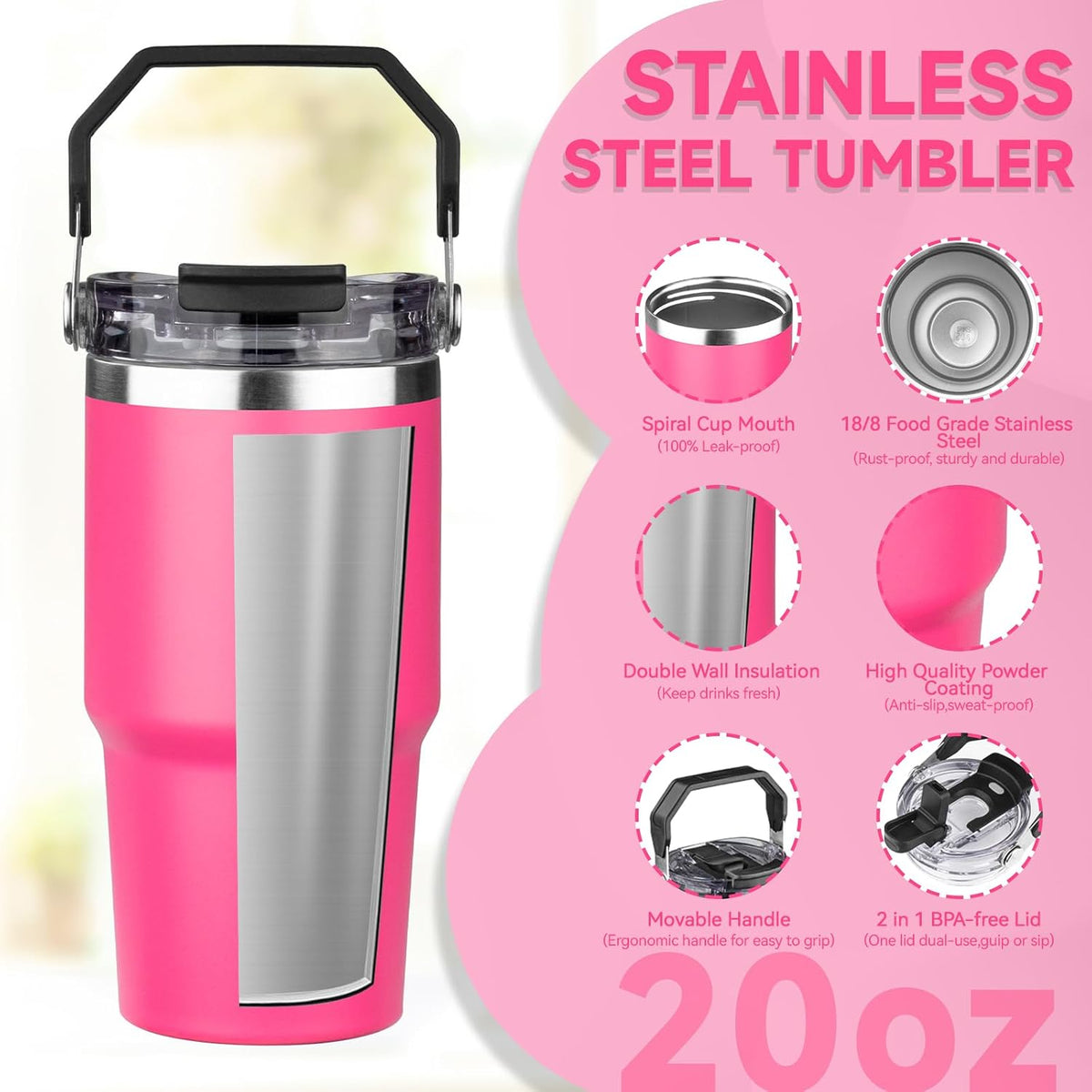 20oz Tumbler with Handle and Flip Straw Lid Double Wall Insulated Travel Coffee Mug Stainless Steel Vacuum Insulated Coffee Tumbler Cup for Hot and Cold Beverages Leak-proof&BPA-free (20oz,Navy blue)