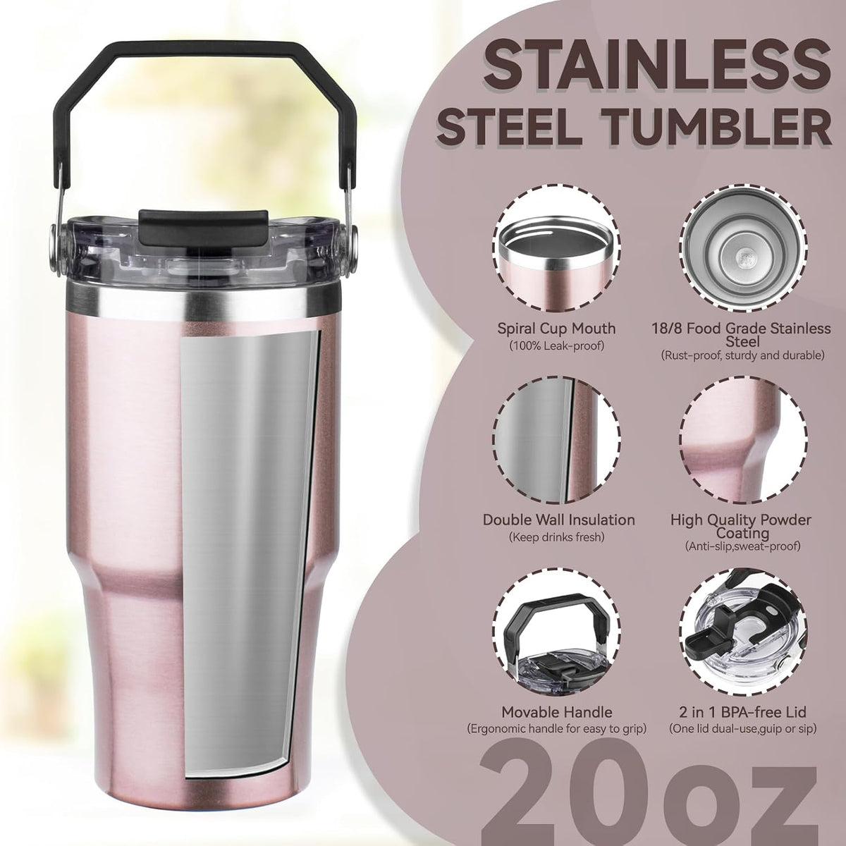 20oz Tumbler with Handle and Flip Straw Lid Double Wall Insulated Travel Coffee Mug Stainless Steel Vacuum Insulated Coffee Tumbler Cup for Hot and Cold Beverages Leak-proof&BPA-free (20oz,Navy blue)